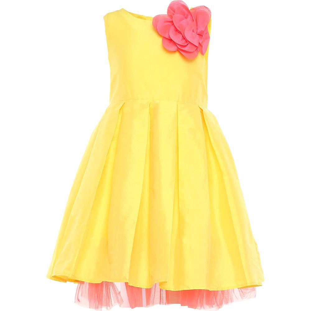 فستان بناتي للمناسبات تفتة لتل فابل أصفر مع وردة زهرية A Little Fable Yellow Corsage Dress