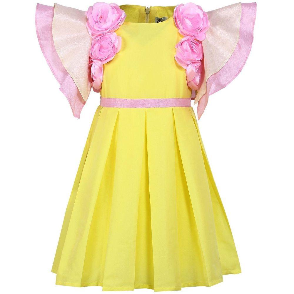 فستان بناتي قصير تفتة لتل فابل أصفر بأكمام فراشة A Little Fable Yellow Rose Flare Dress