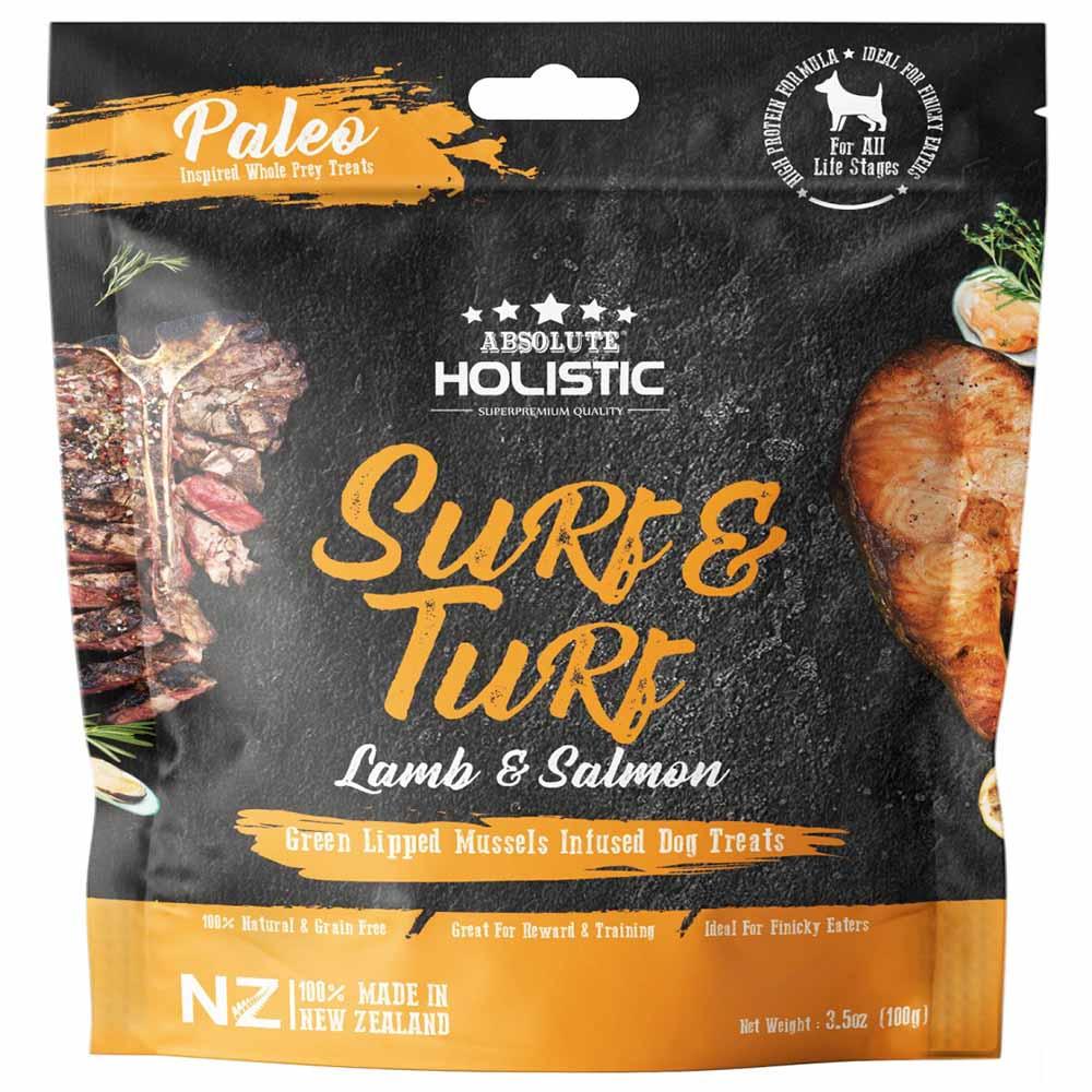 اكل كلاب مجفف بالهواء 100 غرام بنكهة اللحوم والأسماك ابسولوت هوليستيك Absolute Holistic Air Dried Dog Treats  Surf & Turf 100g