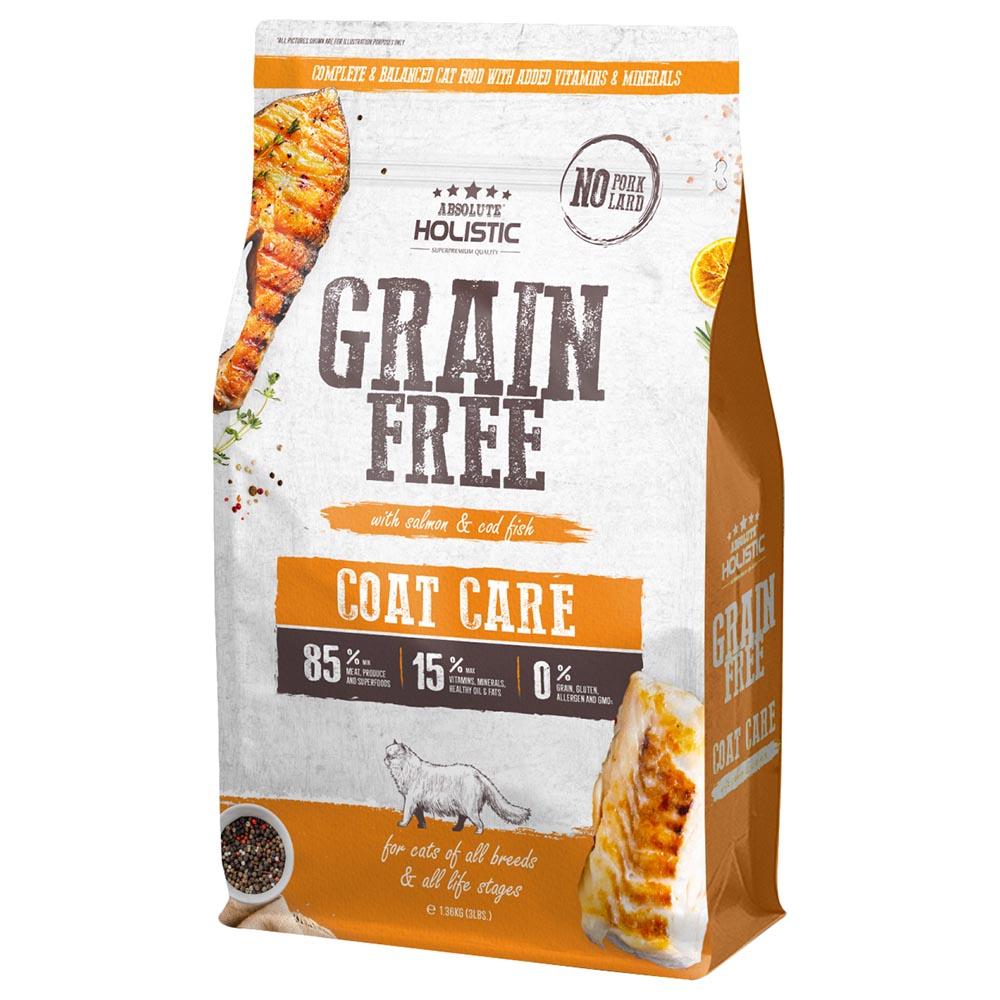 اكل قطط خالي من الحبوب مع بروتينات السلمون والدجاج 1.36 كيلو غرام ابسولوت هوليستيك Absolute Holistic Grain Free Cat Food Coat Care 1.36kg