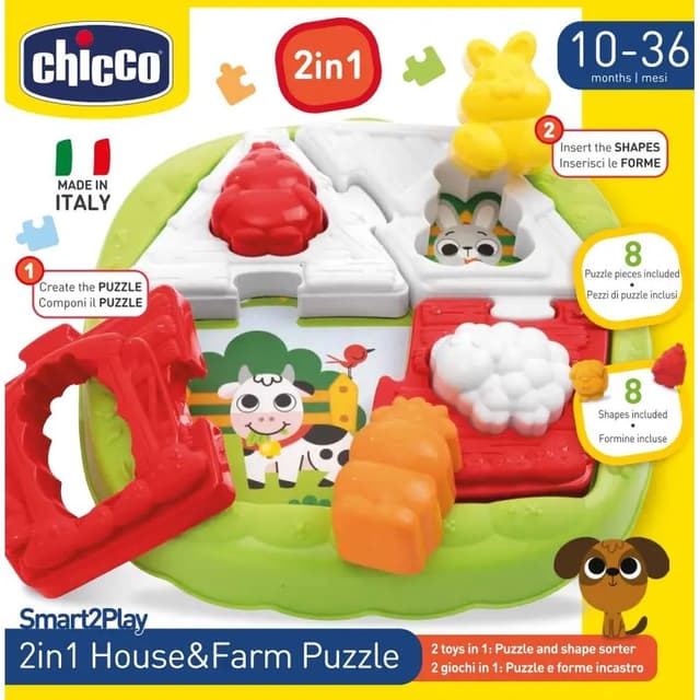 لعبة بازل للاطفال شكل بيت و مزرعة بلاستيك شيكو Chicco - 2-in-1 House & Farm Puzzle