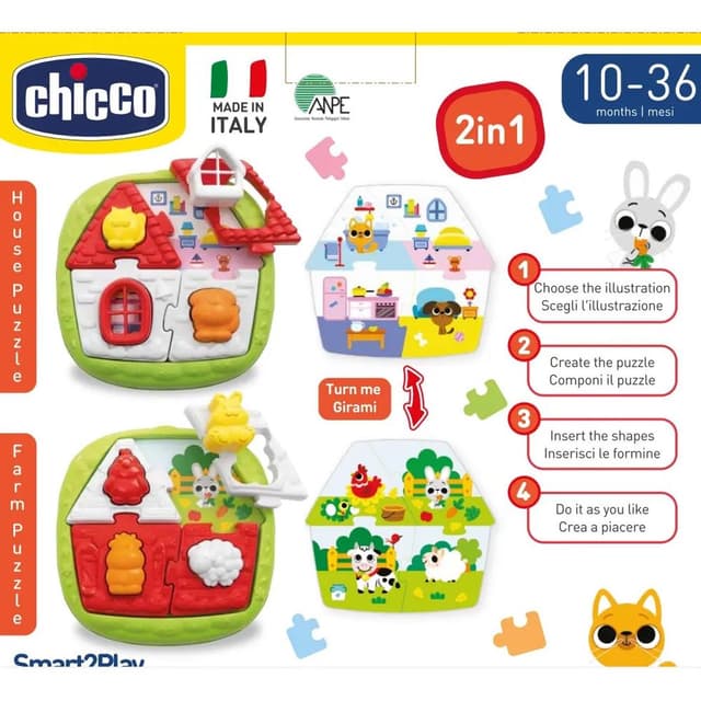 لعبة بازل للاطفال شكل بيت و مزرعة بلاستيك شيكو Chicco - 2-in-1 House & Farm Puzzle