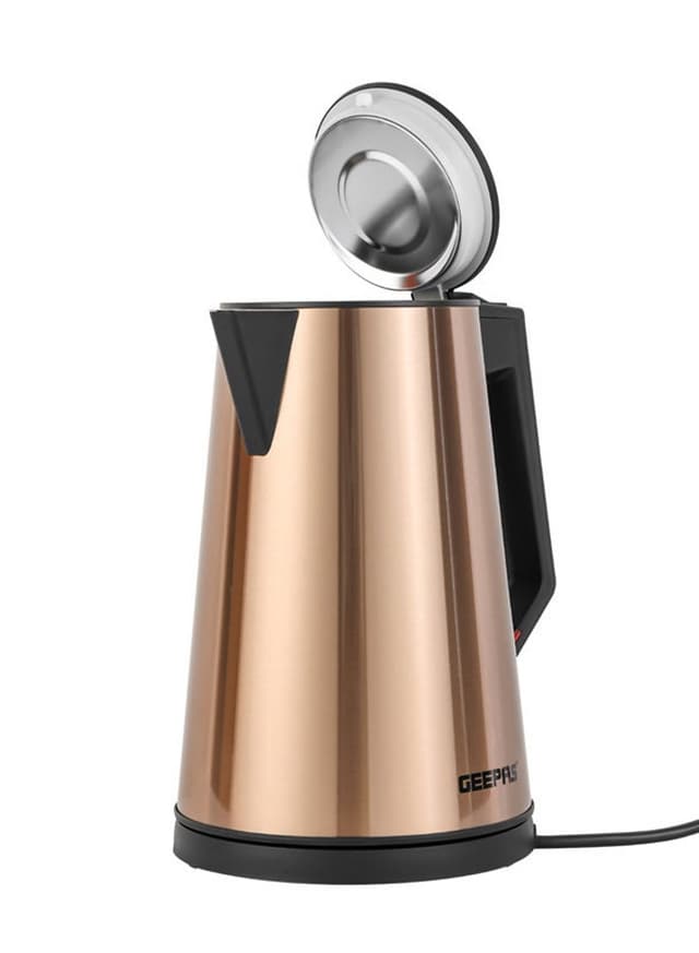 Geepas Three Layer Stainless Steel Electric Kettle 360-Degrees Rotation, Boil Dry Protection And Automatic Cut-Off Perfect For Boiling Water, Milk, Tea 1850-2200 W, Seamless Welding 2 Years Warranty, Metallic Brown Color 1.7 L 2200 W Gold/Black - 452153