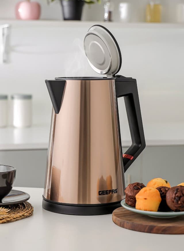 Geepas Three Layer Stainless Steel Electric Kettle 360-Degrees Rotation, Boil Dry Protection And Automatic Cut-Off Perfect For Boiling Water, Milk, Tea 1850-2200 W, Seamless Welding 2 Years Warranty, Metallic Brown Color 1.7 L 2200 W Gold/Black - 452156
