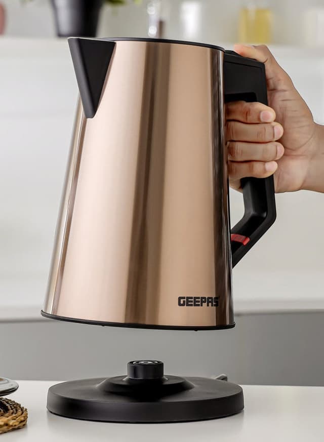 Geepas Three Layer Stainless Steel Electric Kettle 360-Degrees Rotation, Boil Dry Protection And Automatic Cut-Off Perfect For Boiling Water, Milk, Tea 1850-2200 W, Seamless Welding 2 Years Warranty, Metallic Brown Color 1.7 L 2200 W Gold/Black - 452157