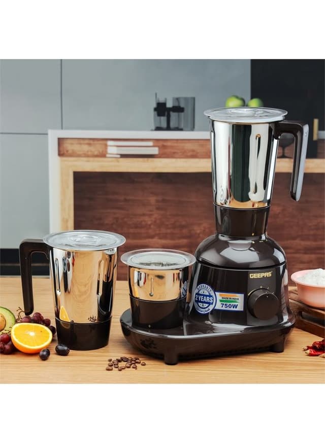 Geepas Mixer Grinder 3 In 1 Powerful Grinder Stainless Steel Jars & Blades Safety Twist Lock 750.0 W Black