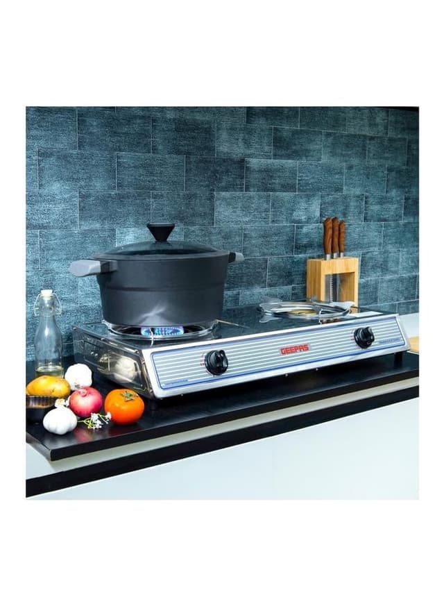 Geepas Stainless Steel Gas Cooker, Save Gas 60%, - Stainless Steel Body, Automatic Ignition System, Cast Iron Burner, High-Quality Electroplated Pan Support Silver