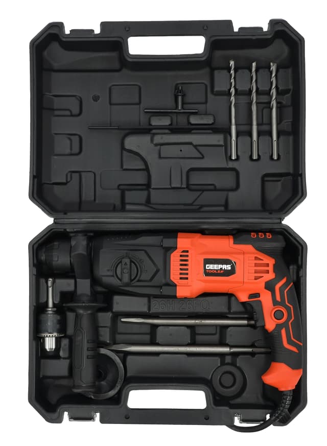 Geepas 26mm Rotary Hammer, Hammer With Sds Plus 4 Function And Adjustable Soft Grip Handle, Point And Flat Chisel, Heavy Duty Rotary Hammer Drill