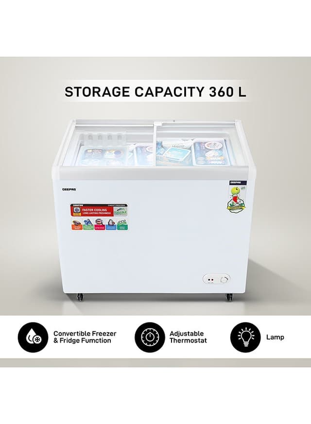 Geepas Faster Cooling Chest Showcase Freezer Convertible Freezer And Fridge Function Long Lasting Freshness With Temperature Control 220 W White