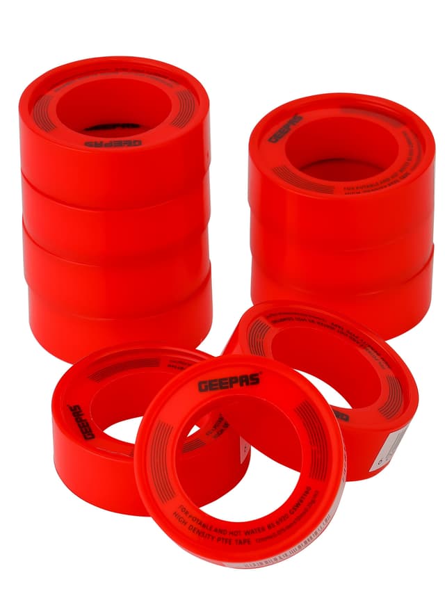 Geepas Ptfe Tape , Pack Of 10, 12 Mm X 0.075 Mm X 10 M, For Potable And Hot Water Bs 6920, Perfect For General Repairs, Diy, Plumbing, White And Red