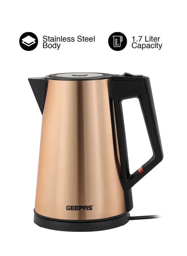 Geepas Three Layer Stainless Steel Electric Kettle 360-Degrees Rotation, Boil Dry Protection And Automatic Cut-Off Perfect For Boiling Water, Milk, Tea 1850-2200 W, Seamless Welding 2 Years Warranty, Metallic Brown Color 1.7 L 2200 W Gold/Black - 541098