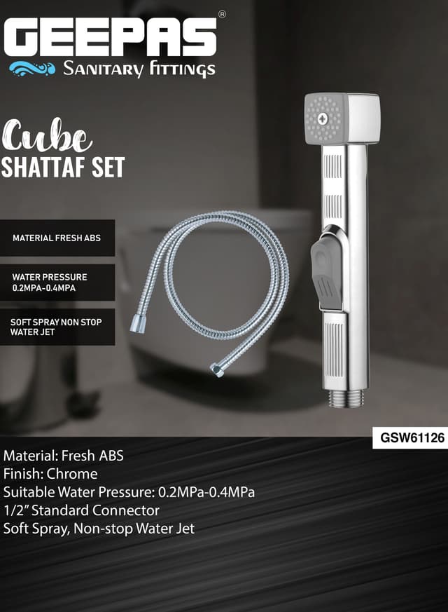 Geepas Cube Shattaf Set- , Soft Spray, Non-Stop Water Jet With Easy Push Mechanism, High-Quality Abs Material, 1/2" Standard Connector, For Bathroom Use- Silver