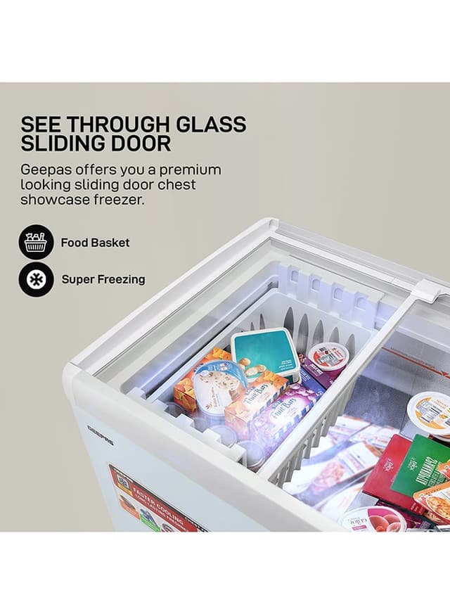 Geepas Faster Cooling Chest Showcase Freezer Convertible Freezer And Fridge Function Long Lasting Freshness With Temperature Control 220 W White