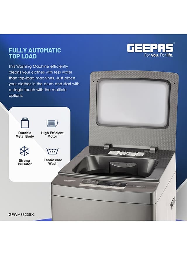 Geepas Fully Automatic Washing Machine Fully Digital Control And Automatic Top Load Washing Machine 8 Kg Grey