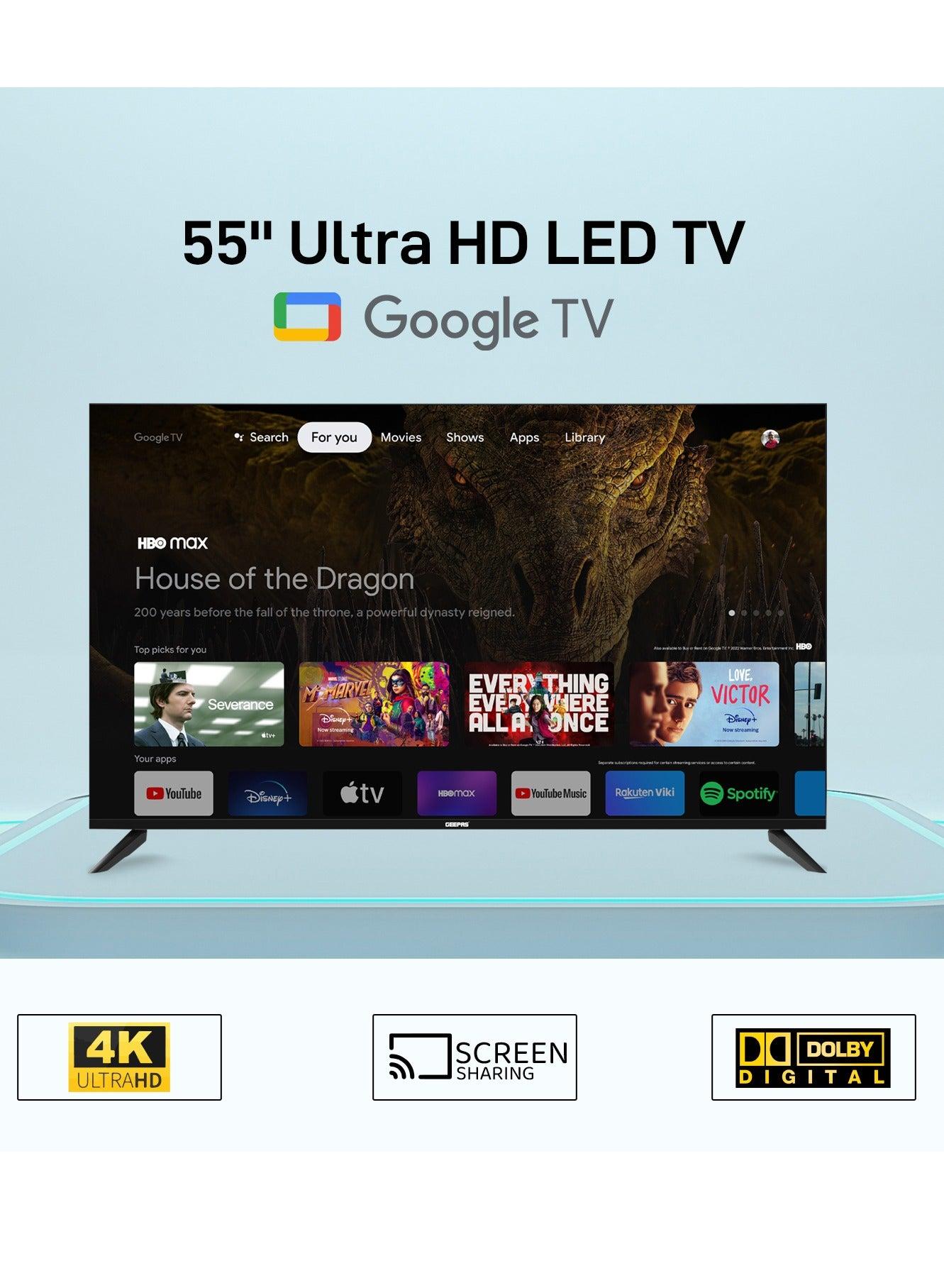 Geepas 55'' 4k Uhd, Google, Smart Led Tv With Remote Control, Wall Mount Bracket, 2 Usb & 4 Hdmi Port, Hdmi, Usb, Bluetooth, Wifi, Screen Sharing, 16.9 Aspect Ration, Wide Color Enhancer, Eco Efficiency