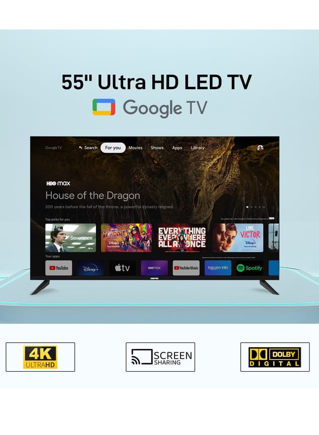 Geepas 55'' 4k Uhd, Google, Smart Led Tv With Remote Control, Wall Mount Bracket, 2 Usb & 4 Hdmi Port, Hdmi, Usb, Bluetooth, Wifi, Screen Sharing, 16.9 Aspect Ration, Wide Color Enhancer, Eco Efficiency