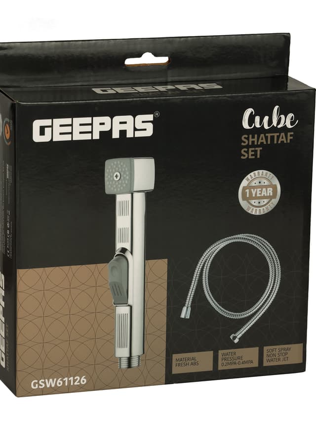 Geepas Cube Shattaf Set- , Soft Spray, Non-Stop Water Jet With Easy Push Mechanism, High-Quality Abs Material, 1/2" Standard Connector, For Bathroom Use- Silver