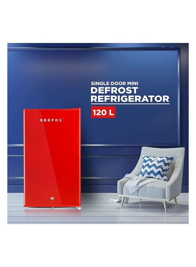 ثلاجة صغيرة 120 لتر أحمر جيباس Geepas 120l Gross/92l Net Capacity Single Door Mini Defrost Refrigerator With Retro Premium Design