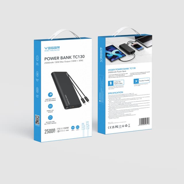 Veger TC130 Fast Charging PowerBank 25000mAh With Type-C & Lightning Cable Built-In