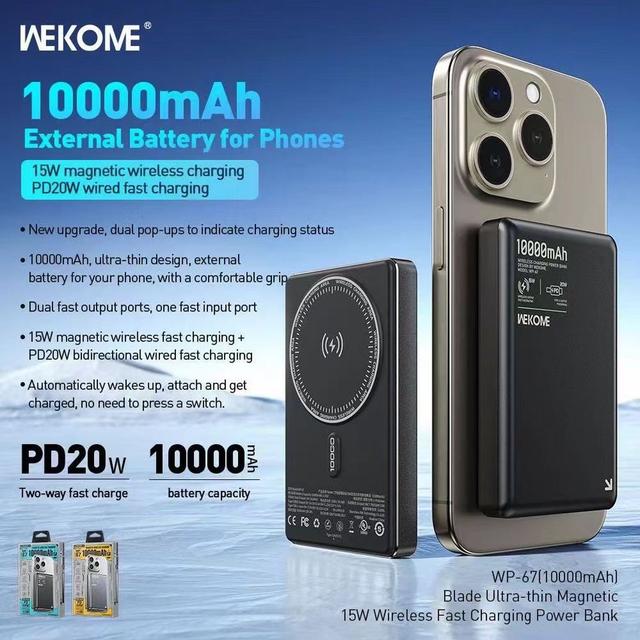 باور بنك شاحن متنقل لاسلكي 10000 مللي أمبير Wekome WP-67 Wireless Power Bank - SW1hZ2U6MzA2NTc0MA==