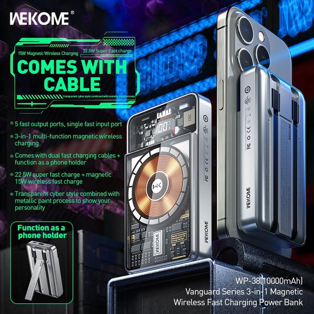 شاحن متنقل باور بنك لاسلكي 10000 مللي أمبير Wekome Vanguard Wp-38 Wireless Powerbank