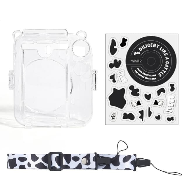 O Ozone Camera Clear Case Compatible with Fujifilm Mini 12 Instant Camera, Hard PC Cover with Adjustable Strap and Pocket & Decorative sticker - Cow Pattern
