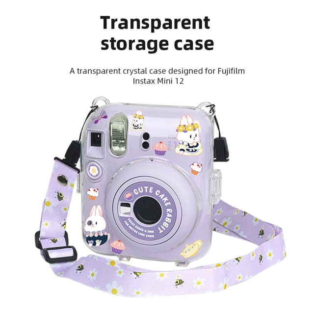 كفر كاميرا فوجي 12 ميني مع استيكرات وحزام رقبة أوزون زهري O Ozone Camera Clear Case Compatible with Fujifilm Mini 12 Instant Camera