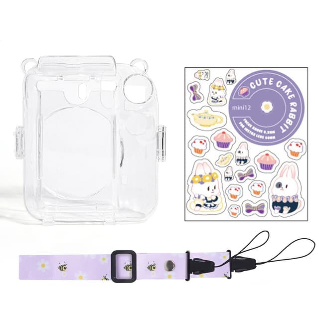 O Ozone Camera Clear Case Compatible with Fujifilm Mini 12 Instant Camera, Hard PC Cover with Adjustable Strap and Pocket & Decorative sticker - Purple