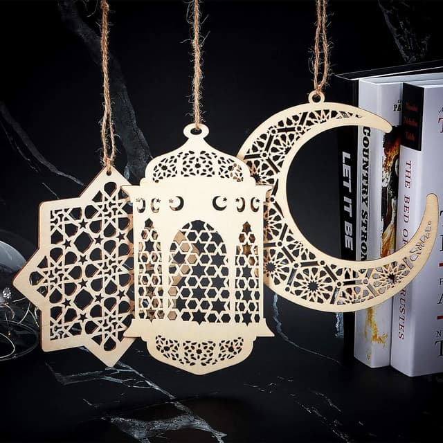 O Ozone Ramadan Kareem Wooden Ornaments Pendant Decoration Moon Lantern Light Mubarak Eid Hanging Ornament for Ramadan Mubarak Eid Decorations
