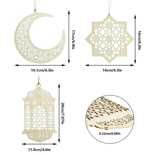 O Ozone Ramadan Kareem Wooden Ornaments Pendant Decoration Moon Lantern Light Mubarak Eid Hanging Ornament for Ramadan Mubarak Eid Decorations