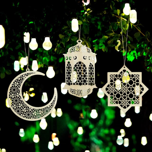 O Ozone Ramadan Kareem Wooden Ornaments Pendant Decoration Moon Lantern Light Mubarak Eid Hanging Ornament for Ramadan Mubarak Eid Decorations