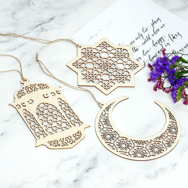 O Ozone Ramadan Kareem Wooden Ornaments Pendant Decoration Moon Lantern Light Mubarak Eid Hanging Ornament for Ramadan Mubarak Eid Decorations