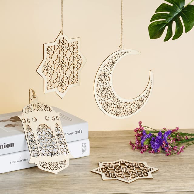 O Ozone Ramadan Kareem Wooden Ornaments Pendant Decoration Moon Lantern Light Mubarak Eid Hanging Ornament for Ramadan Mubarak Eid Decorations