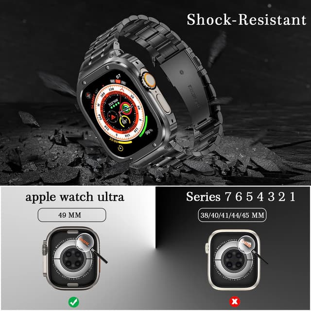 سير ساعة ابل ستانلس ستيل متوافق مع ابل ووتش 7/8/9 للرجال مع واقي شاشة فضي وذهبي او اوزون O Ozone Stainless Steel Watch Band with Case Compatible with Apple Watch Series 9/8/7