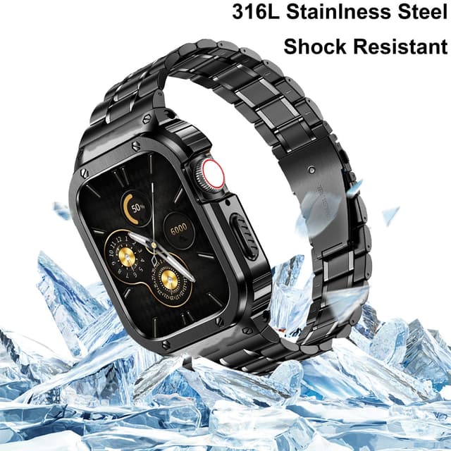 سير ساعة ابل ستانلس ستيل متوافق مع ابل ووتش 7/8/9 للرجال مع واقي شاشة فضي وذهبي او اوزون O Ozone Stainless Steel Watch Band with Case Compatible with Apple Watch Series 9/8/7