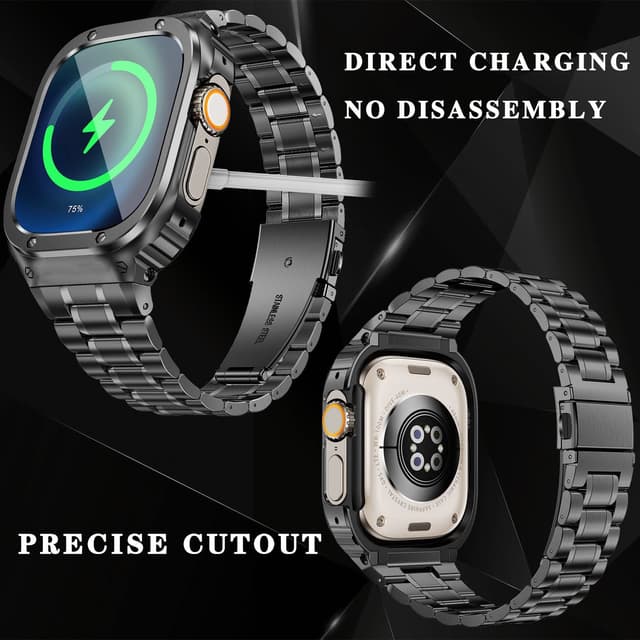 سير ساعة ابل ستانلس ستيل متوافق مع ابل ووتش 7/8/9 للرجال مع واقي شاشة فضي وذهبي او اوزون O Ozone Stainless Steel Watch Band with Case Compatible with Apple Watch Series 9/8/7