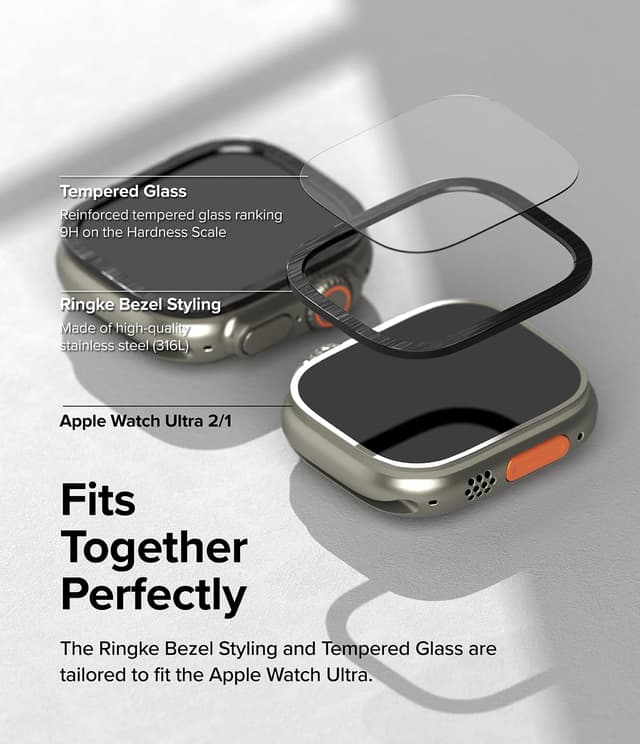 حماية ساعة ابل ووتش الترا 1/2 مقاس 49 مم مع إطار ستانلس أسود رينجكي Ringke Bezel Styling & Glass Compatible with Apple Watch Ultra 2 / 1 Screen Protector 49mm and Case