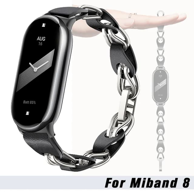 O Ozone Bands Compatible with Xiaomi Smart Band 8 Strap, Stainless Steel Leather Ring Chain Belt Mi band 8 Straps Breathable Belt Elegant Replacement Watch Band for Women - Silver