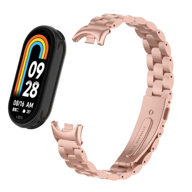 O Ozone Metal Watch Strap Compatible with Xiaomi Mi Band 8 / Xiaomi Smart Band 8, 3 beads Stainless Steel Adjustable Smartwatch Replacement Bracelet Wristbands for Men Women -Rose Pink - 973468