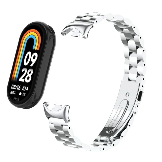 O Ozone Metal Watch Strap Compatible with Xiaomi Mi Band 8 / Xiaomi Smart Band 8, 3 beads Stainless Steel Adjustable Smartwatch Replacement Bracelet Wristbands for Men Women -Silver