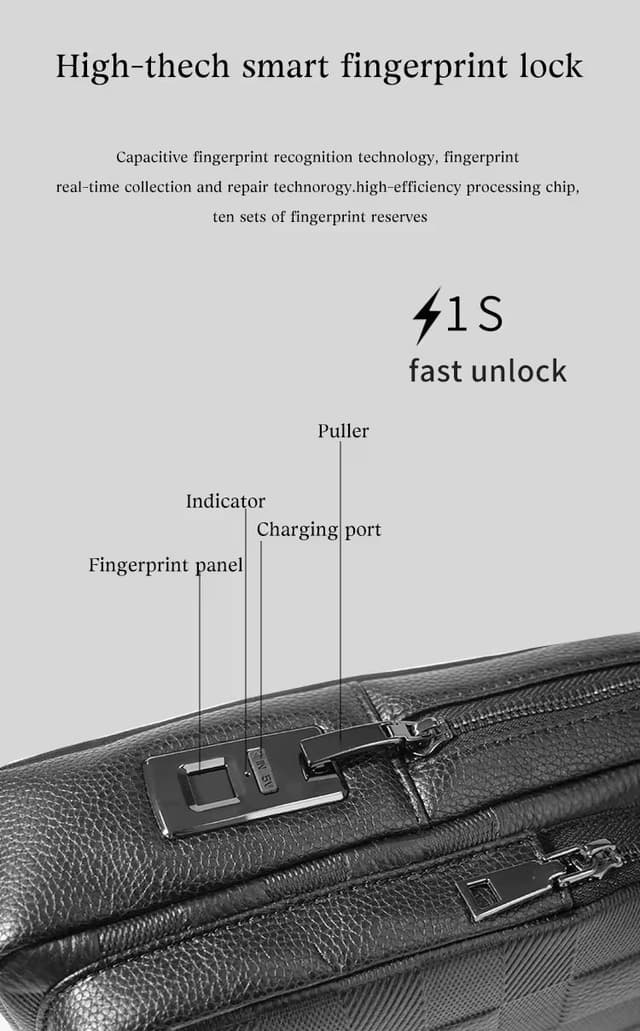 شنطة كتف رجالي جلد بالبصمة Anti theft Fingerprint Crossbody Bag