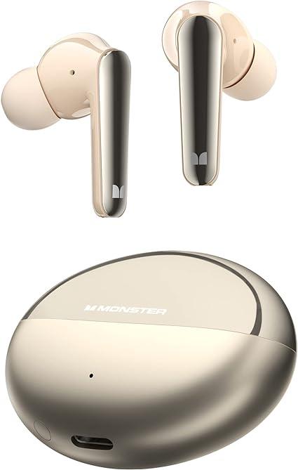 Monster N-Lite 203 AirLinks Wireless Earbuds Bluetooth Headphones HiFi Stereo, Wireless Earphones with 30H Playback, Type-C Charging, HD Clear Call, Touch Control, IPX6 Waterproof in-Ear Earbuds - Golden