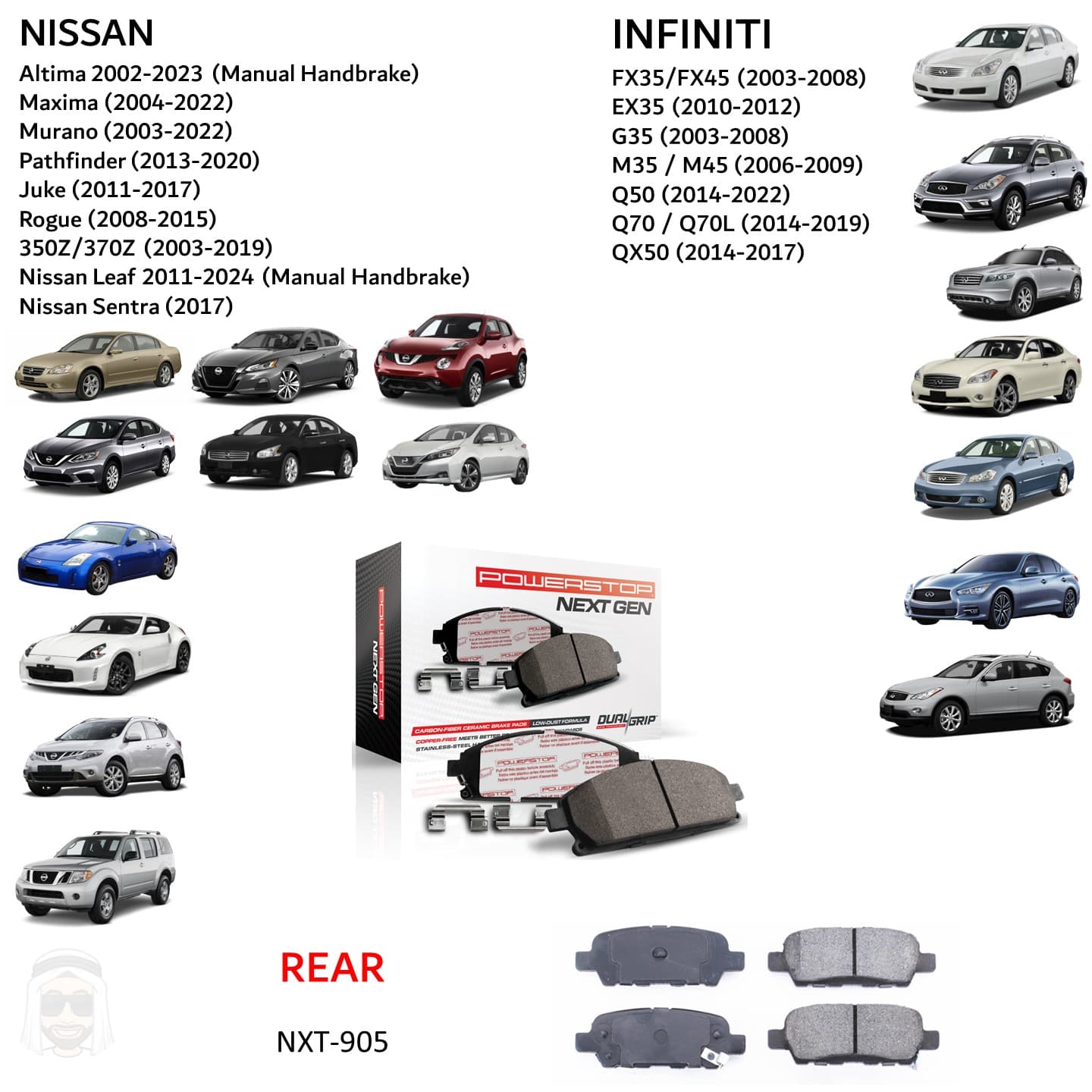 Nissan Infiniti - Rear Carbon Fiber Ceramic Brake Pads by PowerStop NextGen (Altima Maxima Murano Pathfinder Juke Rogue 350Z 370Z Leaf Sentra FX35 FX45 EX35 G35 M35 M45 Q50 Q70L QX50)