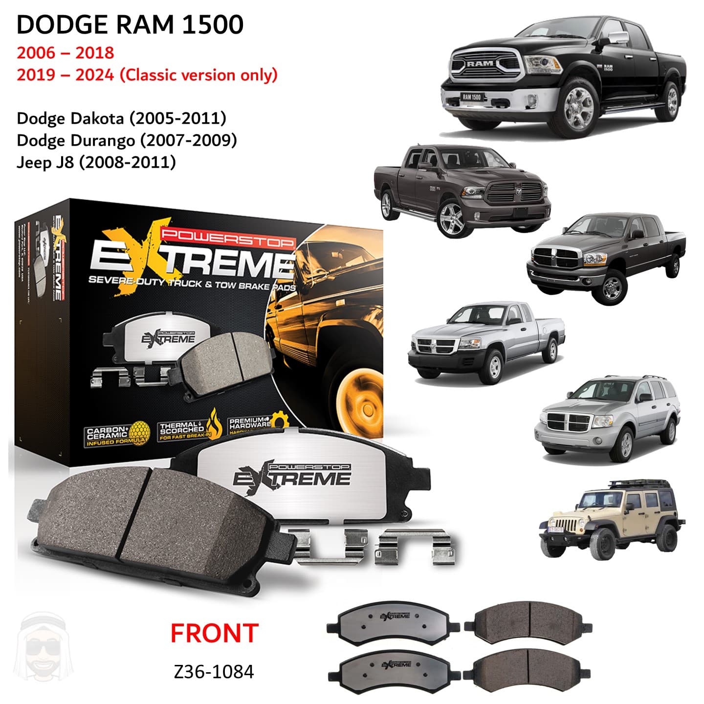 Dodge RAM 1500 Classic 2006 to 2023 - Front Carbon Fiber Ceramic Brake Pads by PowerStop Extreme Z36 (Dakota Durango Jeep Wrangler J8)