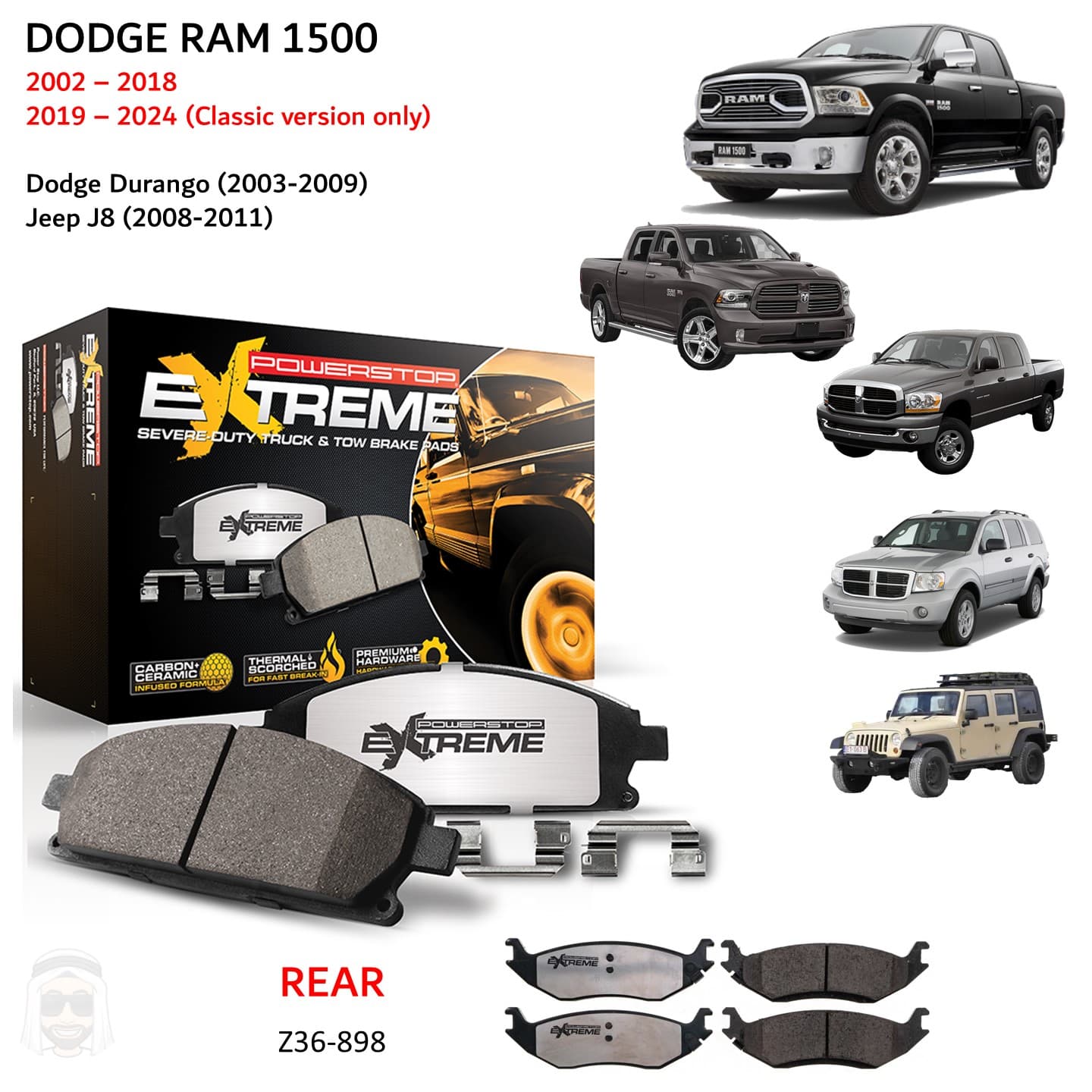 Dodge RAM 1500 Classic 2002 to 2023 - Rear Carbon Fiber Ceramic Brake Pads by PowerStop Extreme Z36 (Durango Jeep Wrangler J8)