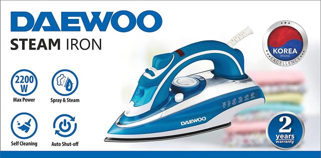 مكواة ملابس يدوية 2200 واط بالتكنلوجيا الكورية دايو أزرق DAEWOO Steam Iron With Ceramic Soleplate