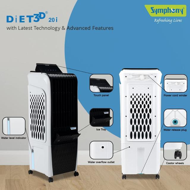 Symphony Diet 3d 40i Portable Tower Air Cooler For Home With 3-Side Honeycomb Pads, Pop-Up Touchscreen, I-Pure Technology And Low Power Consumption, 40l, Grey
