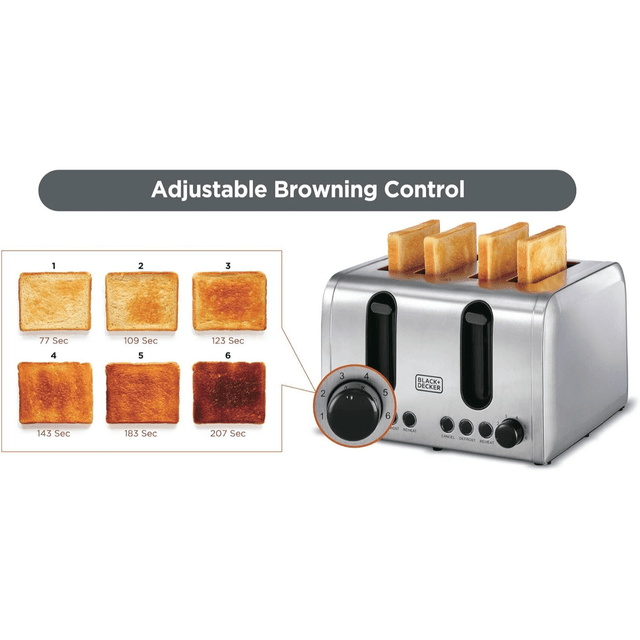 Black+Decker 4 Slice Stainless Steel Toaster, Silver - Et444-B5