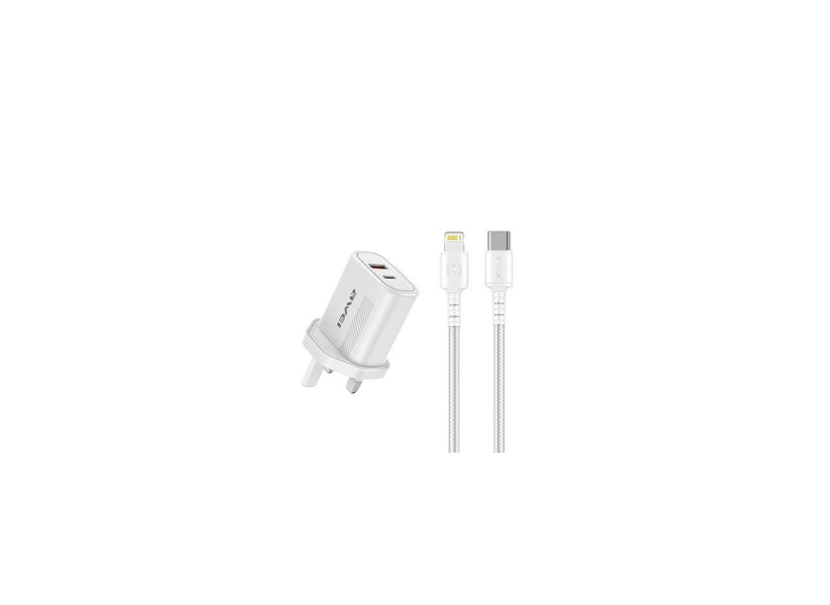 Awei Pd6 Super Fast Charging Combo (Adapter + Type-C/Lightning Data Cable) Uk Pin- White