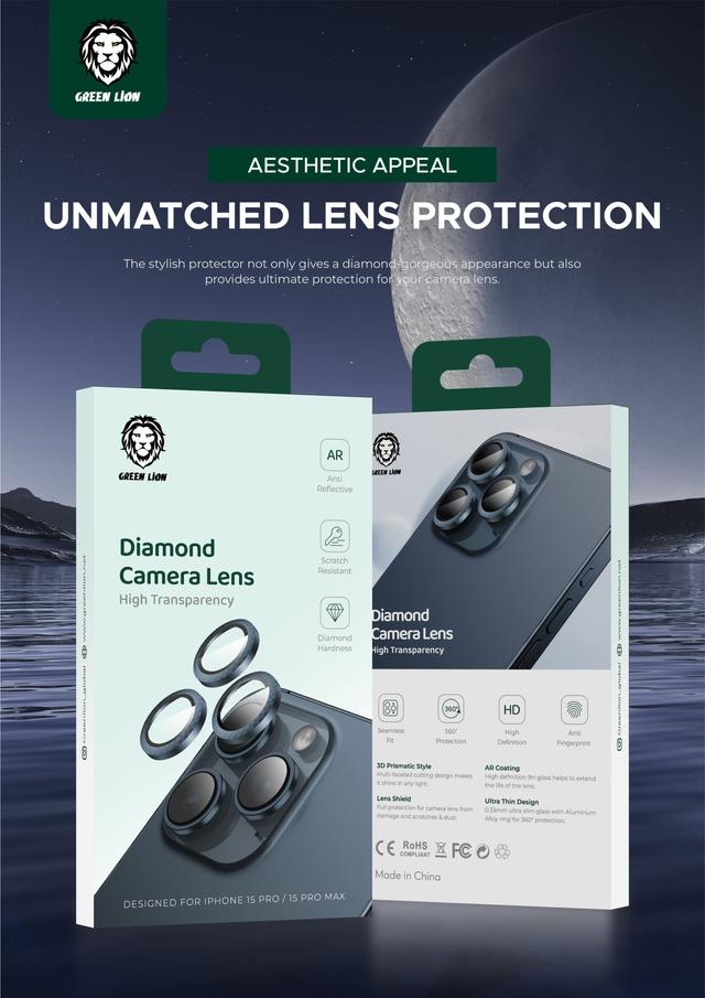 Green Lion Diamond Design Camera Lens for iPhone 15 Promax - Black - SW1hZ2U6MzI3NTYyNQ==